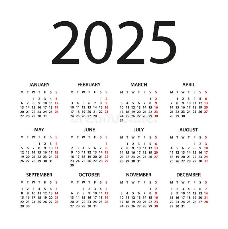 Calendar 2025 Illustration. Week Starts on Monday. Calendar Set for