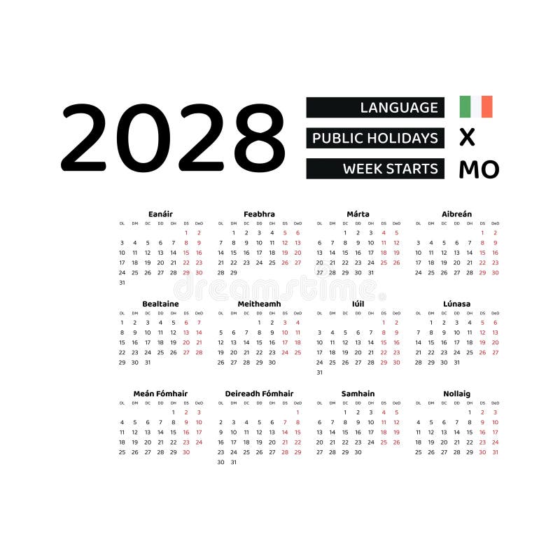 Calendar 2028 Irish Language with Ireland Public Holidays. Stock Vector ...