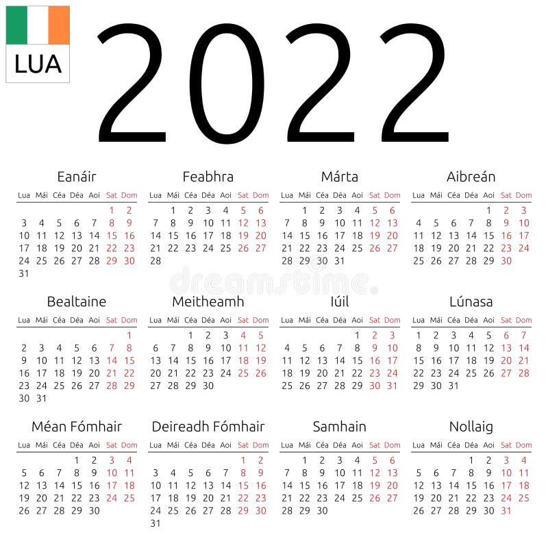 Calendar in Irish Language for Year 2020, 2021, 2022, 2023, 2024, 2025