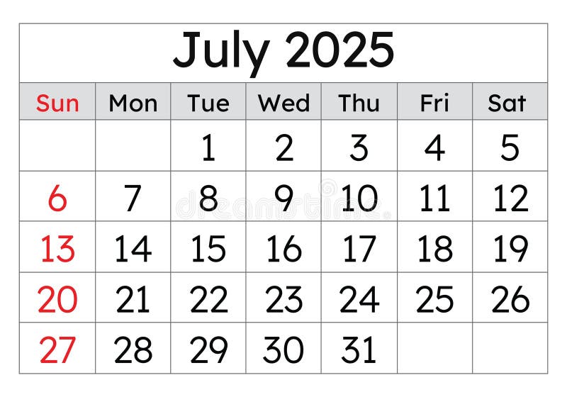 Calendar for july 2025. Simple vector illustration. English page of summer month stock illustration