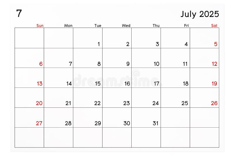 Calendar july 2025 страница изолирована на белом фоне стоковые фото