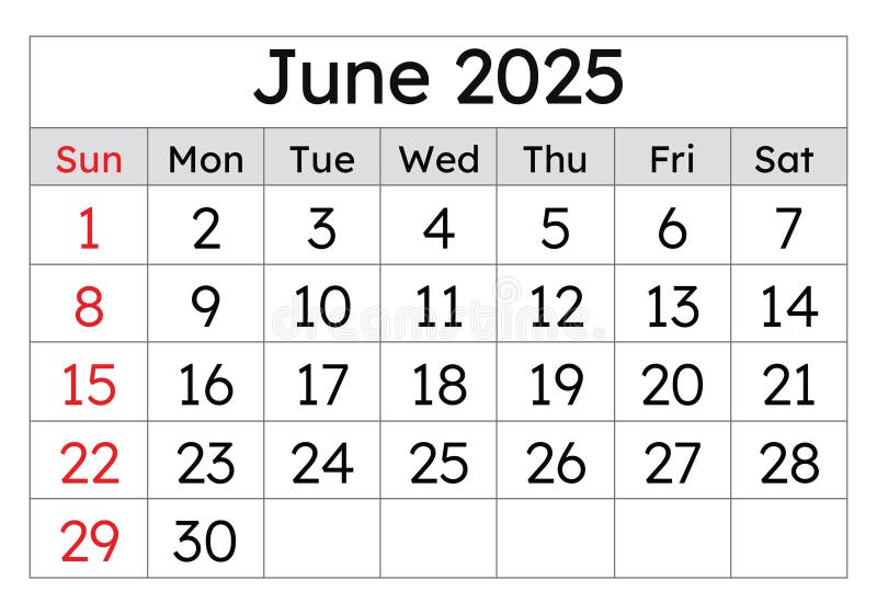 Calendar for june 2025. Simple vector illustration. English page of summer month stock illustration