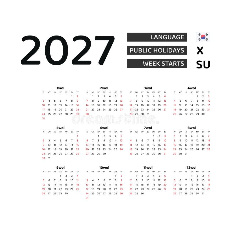 Calendar 2027 Korean Language with South Korea Public Holidays. Stock
