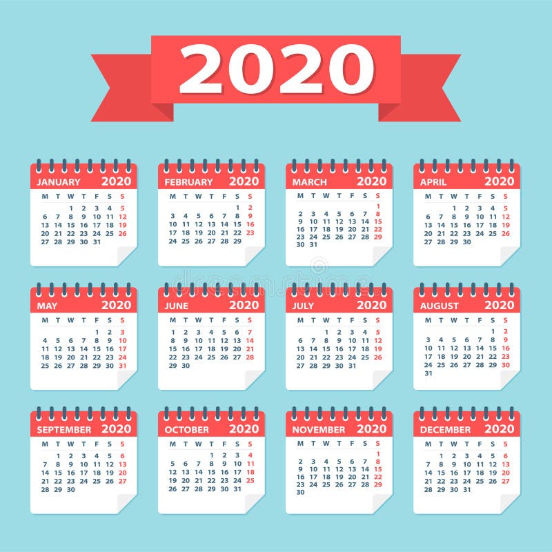 2020 Calendar Leaves Flat Set - Vector Illustration stock illustration