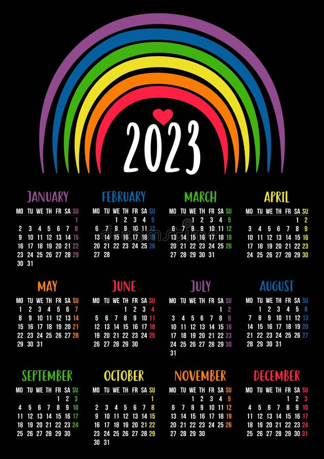 Calendar 2023 with LGBTQ Symbol with Rainbow. LGBT Flag Rainbow Colors