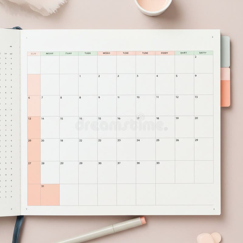 Calendar lunar deschis pe o suprafață pastelată care afișează un aspect de grilă cu zilele etichetate în royalty free illustration