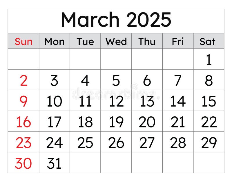 Calendar for march 2025. Simple vector illustration. English page of spring month stock illustration
