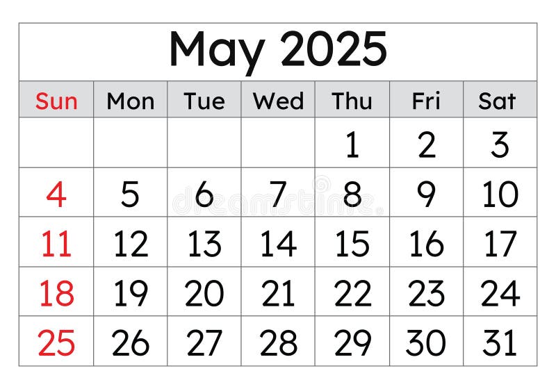 Calendar for may 2025. Simple vector illustration. English page of spring month vector illustration
