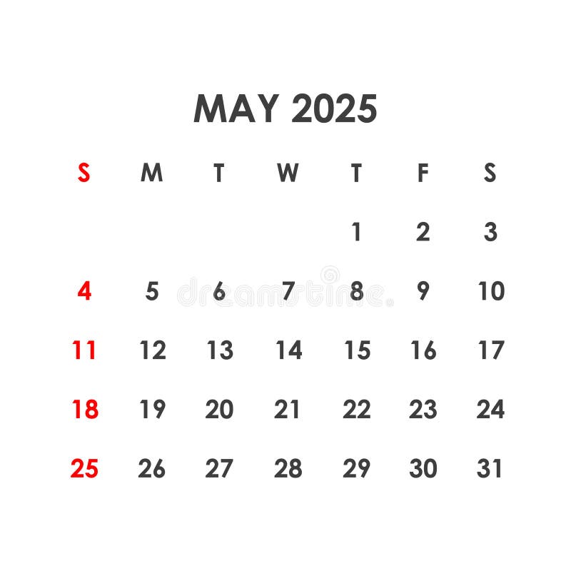 Calendar for May 2025. the Week Starts on Sunday. Stock Vector Illustration of page