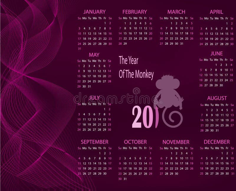 Calendar for 2016 with a Monkey on a Purple Background. Stock Vector ...