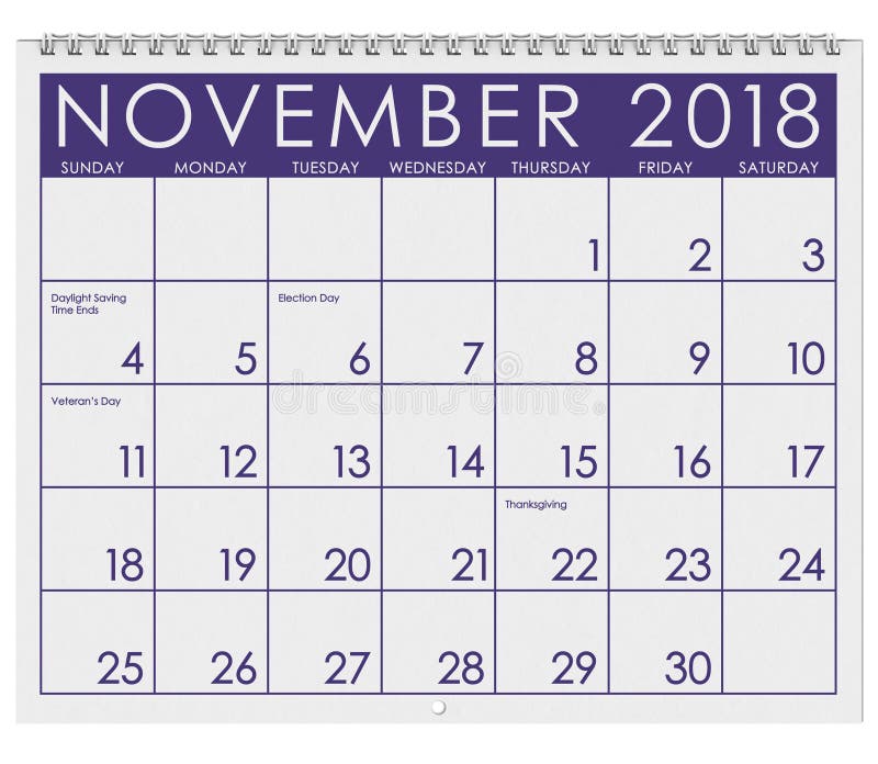 2018: Calendar: Month of November with Thanksgiving Stock