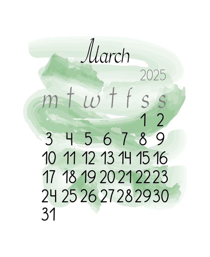 Calendar Monthly Template March 2025 in Simple Style Vertical Portrait