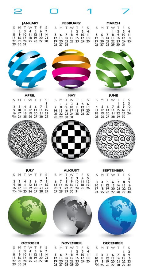 A 2017 calendar with nine abstract globes vector illustration A 2017 calendar with nine abstract globes vector illustration