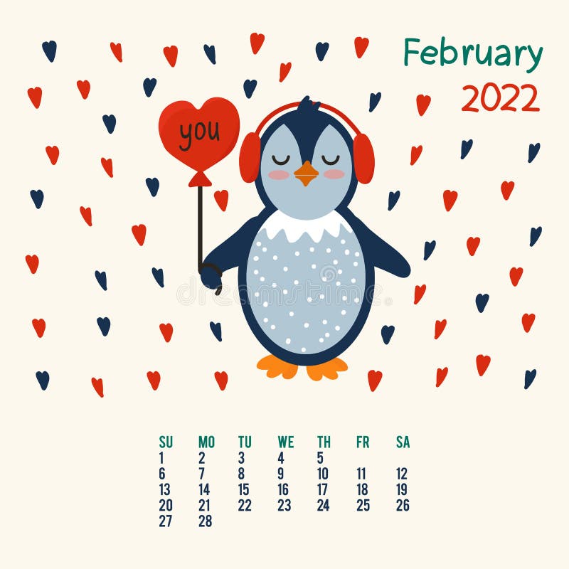 Calendar with a Penguin. Cartoon Animal for the Month of February