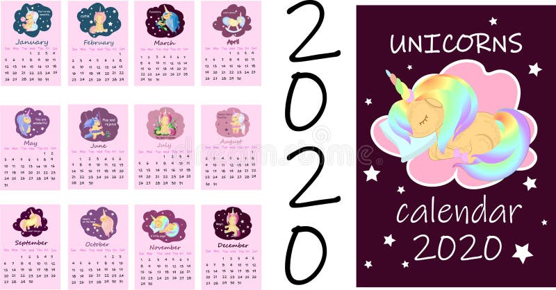 Calendar or A4 planner for 2020 with colorful cute unicorns, cartoon horses for children. Cover and monthly pages with stock illustration Calendar or A4 planner for 2020 with colorful cute unicorns, cartoon horses for children. Cover and monthly pages with stock illustration