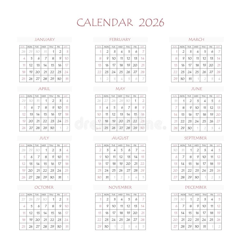 2026 Calendar Planner. Corporate Week. Template Layout, 12 Months