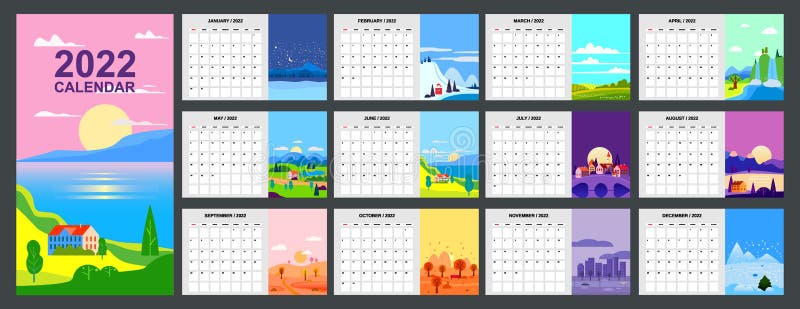 Spring 2022 Calendar 2022 Calendar Planner Minimalistic Landscape Natural Backgrounds Of Four  Seasons. Winter, Spring, Summer, Autumn Stock Vector - Illustration Of  Chedule, July: 228100394