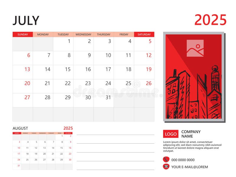 Calendar Planner 2025 and Set of 12 Months, July 2025 Template, Week