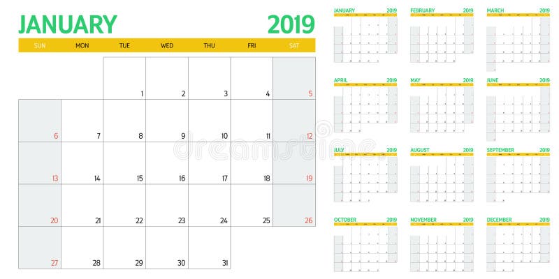 Calendar Planner 2019 Template Vector Illustration Stock Vector