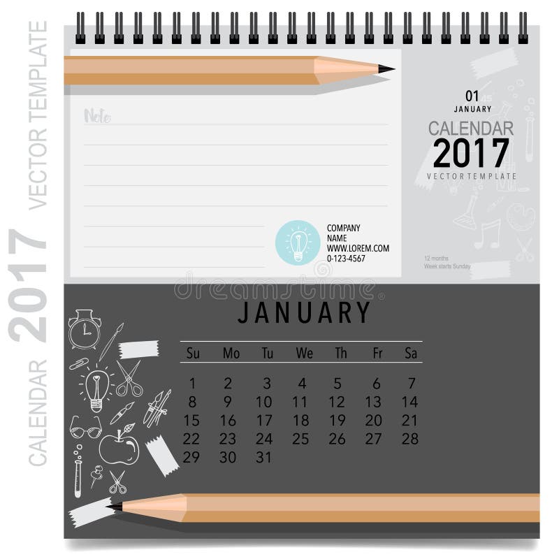 2017 Calendar Planner Vector Design, Monthly Calendar Template F Stock