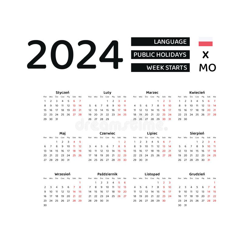 Calendar 2024 Polish Language with Poland Public Holidays. Week Starts