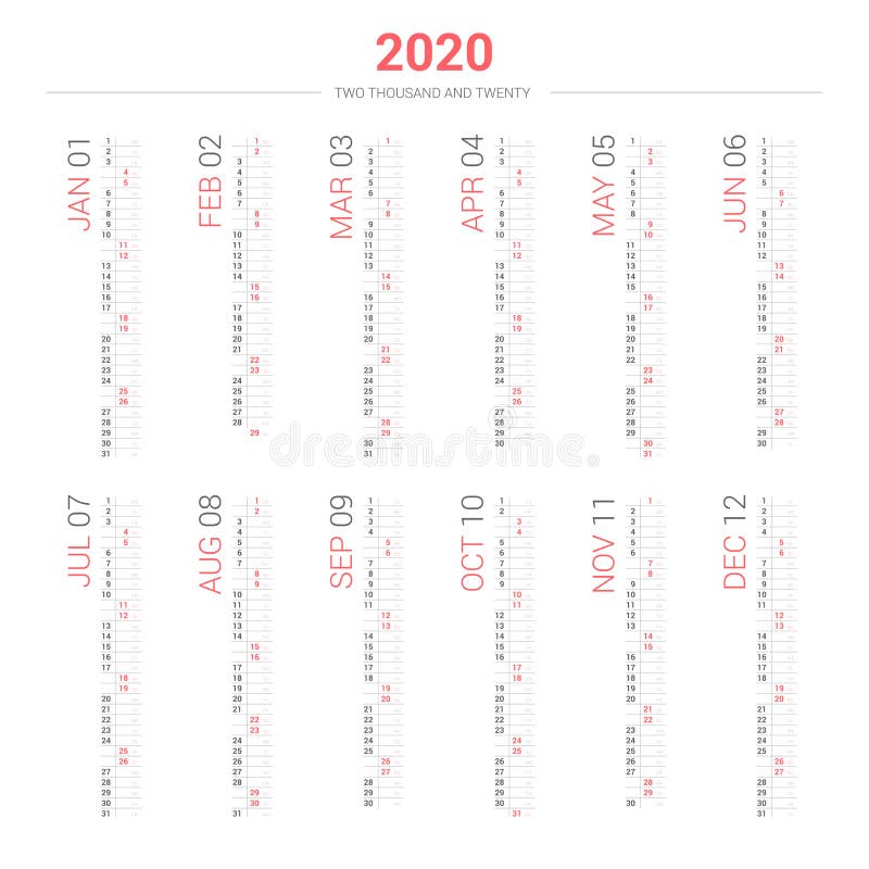2020 Vertical Calendar Design, Saturday and Sunday Selected in