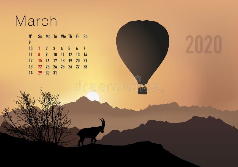 2020 calendar ready to print in american version, showing sunsets on landscapes overflighted by balloons. stock illustration