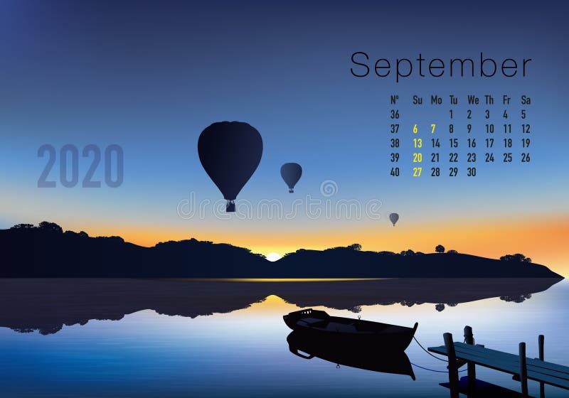2020 calendar ready to print in american version, showing sunsets on landscapes overflighted by balloons. royalty free illustration