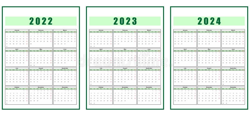 2022 2023 2024 calendar for three years vector eps10 stock vector illustration of vector