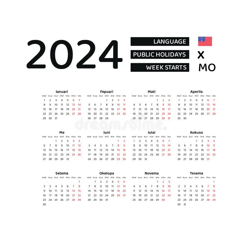 Calendar 2024 Samoan Language with Samoa Public Holidays. Week Starts