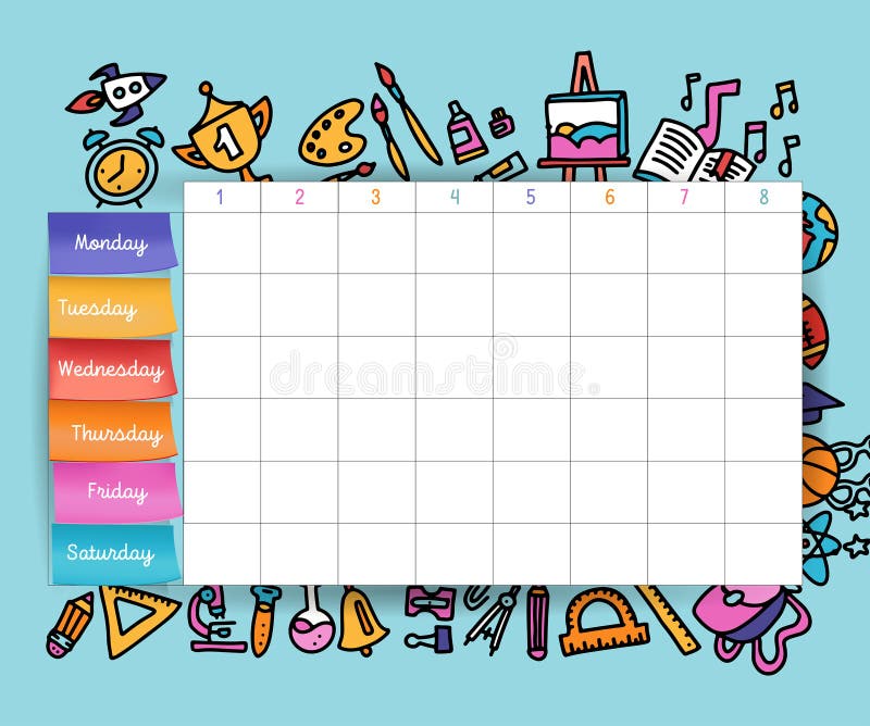 Calendar schedule with stickers. School planning or scheduling work. Vector volume illustration. Vector Template School timetable stock illustration