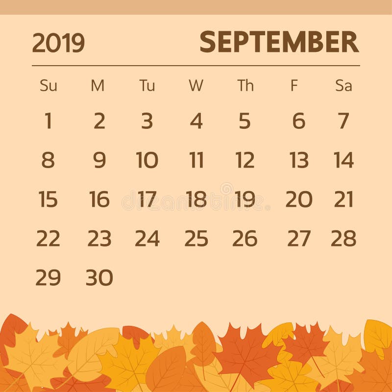 Calendar for September 2019 with Autumn Theme Vector Stock Vector