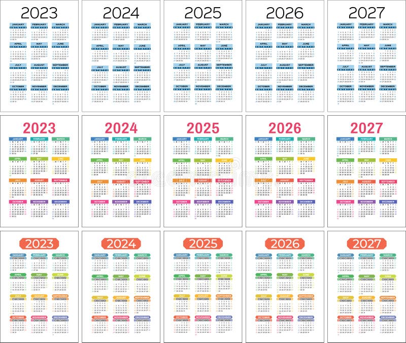 2023, 2024, 2025, 2026 and 2027 Calendar Set. Color Vector Calender