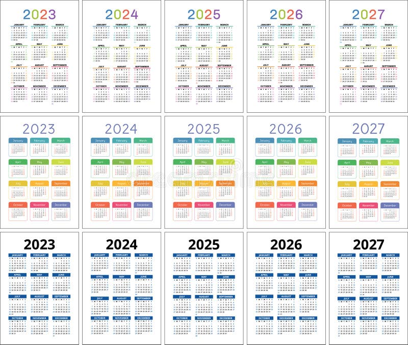 2023, 2024, 2025, 2026 and 2027 Calendar Set. Color Vector Calender
