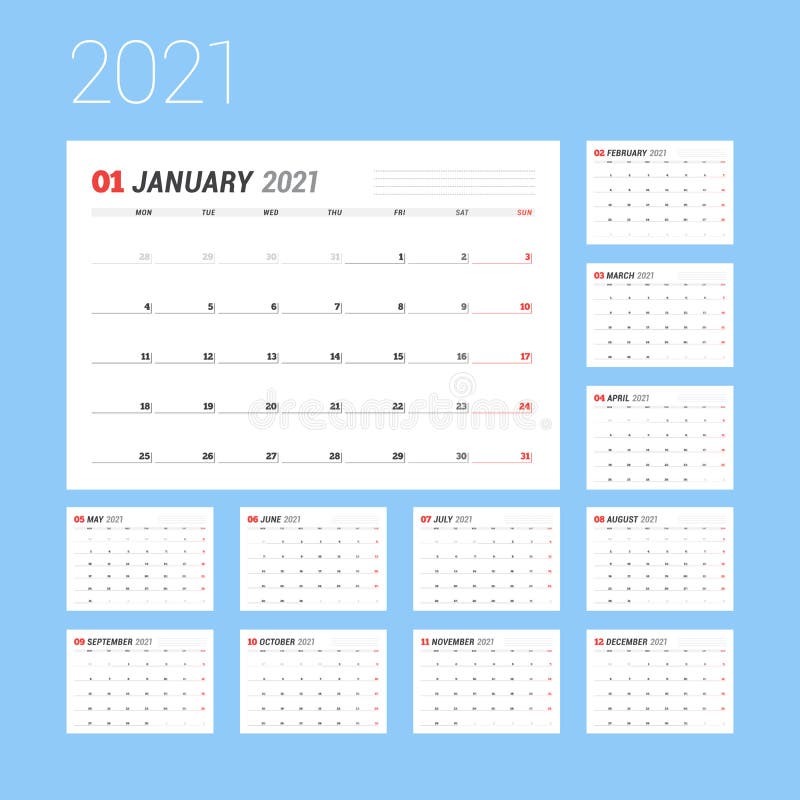 Calendar Set for 2021 Year. Stationery Design Stock Illustration