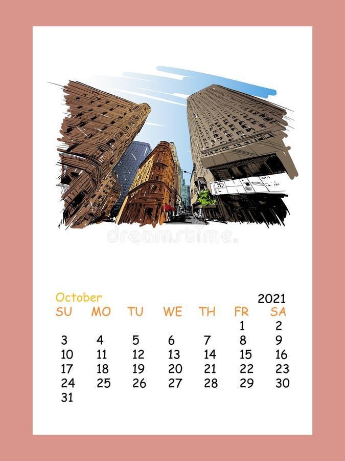 Calendar Sheet Layout October Month 2021 Year. New York. USA. Hand