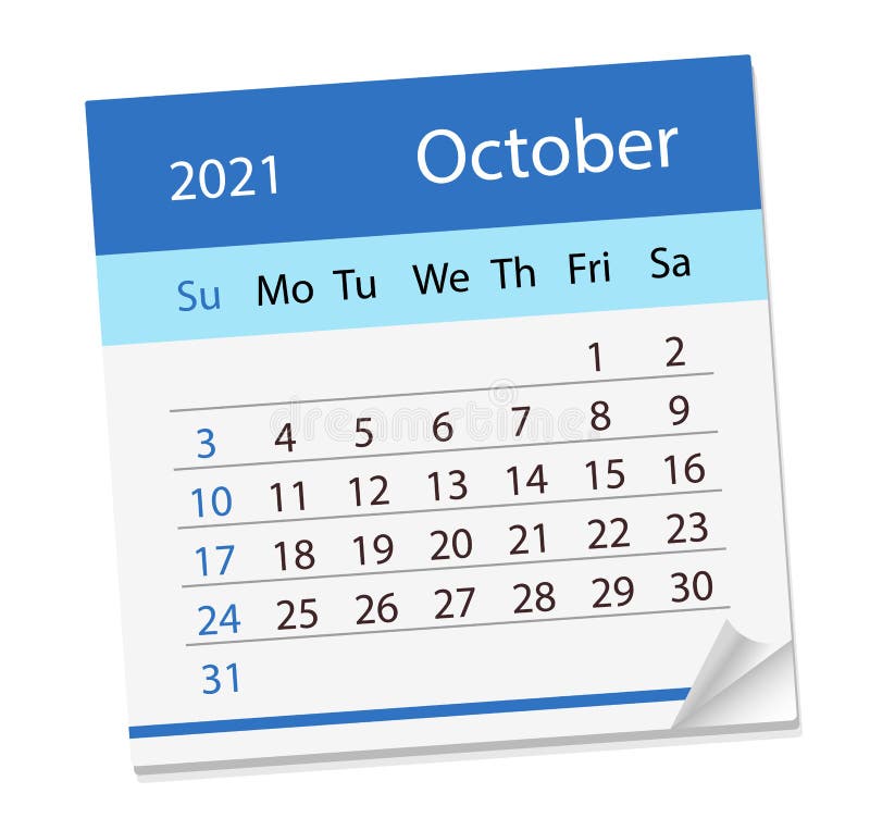 Calendar Sheet on Month of October 2021. Vector Illustration Stock Calendar For The Month Of October