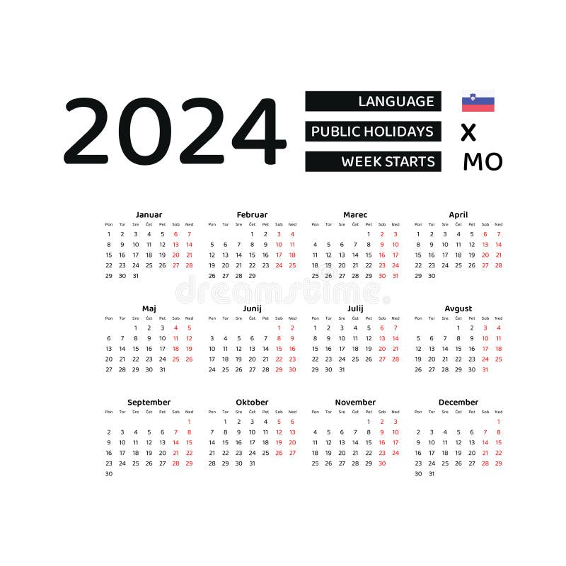 Calendar 2024 Slovenian Language with Slovenia Public Holidays. Week