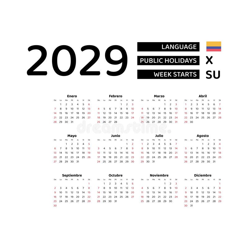 Calendar 2029 Spanish Language with Colombia Public Holidays. Stock