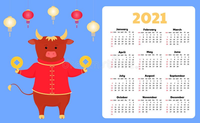 Calendar for 2021 from Sunday To Saturday. Funny Cartoon Ox. Chinese Happy New Year. Bull, Cow Stock Vector - Illustration of china, funny: 201291037 Calendar for 2021 from Sunday To Saturday. Funny Cartoon Ox. Chinese Happy New Year. Bull, Cow Stock Vector - Illustration of china, funny: 201291037