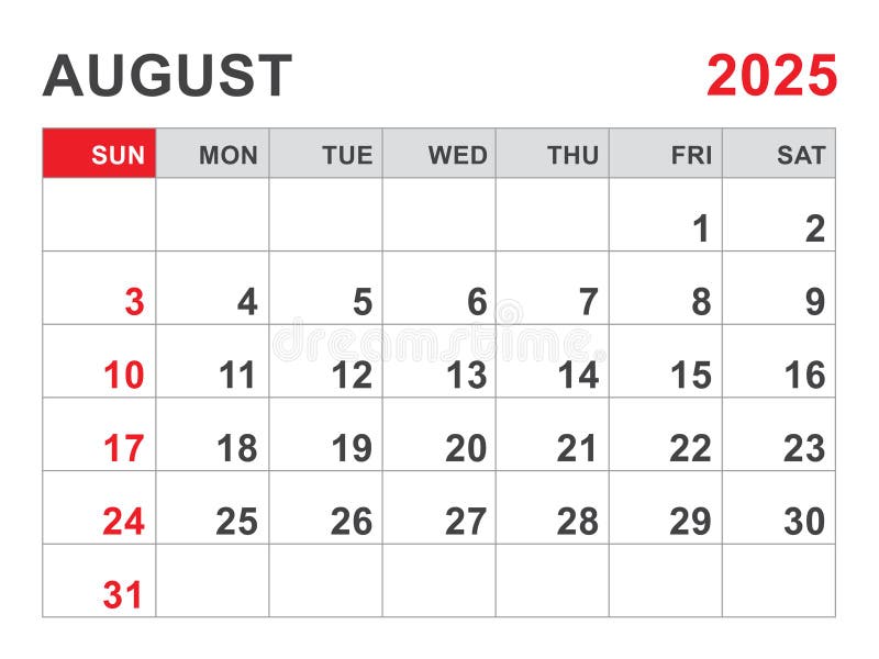Calendar 2025 Template, August 2025 Layout, Printable Minimalist