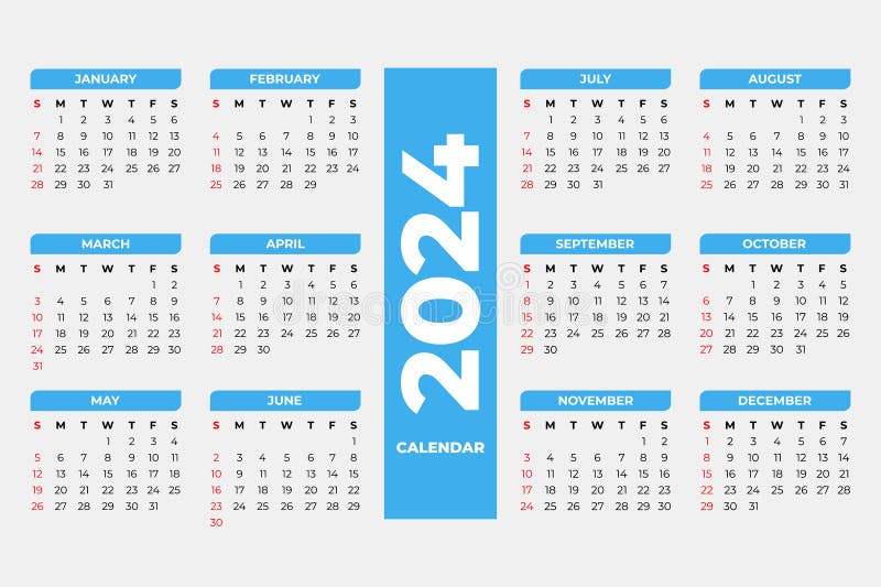 2024 Calendar Template, Editable Vector Stock Illustration
