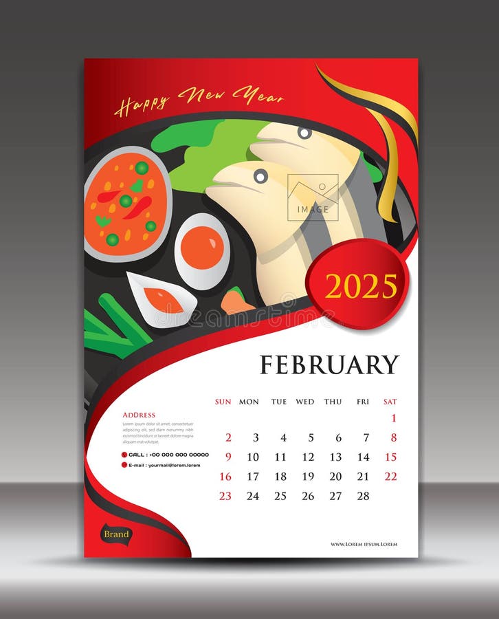 Calendar 2025 Template Food Concept Vector, February Template, Desk ...