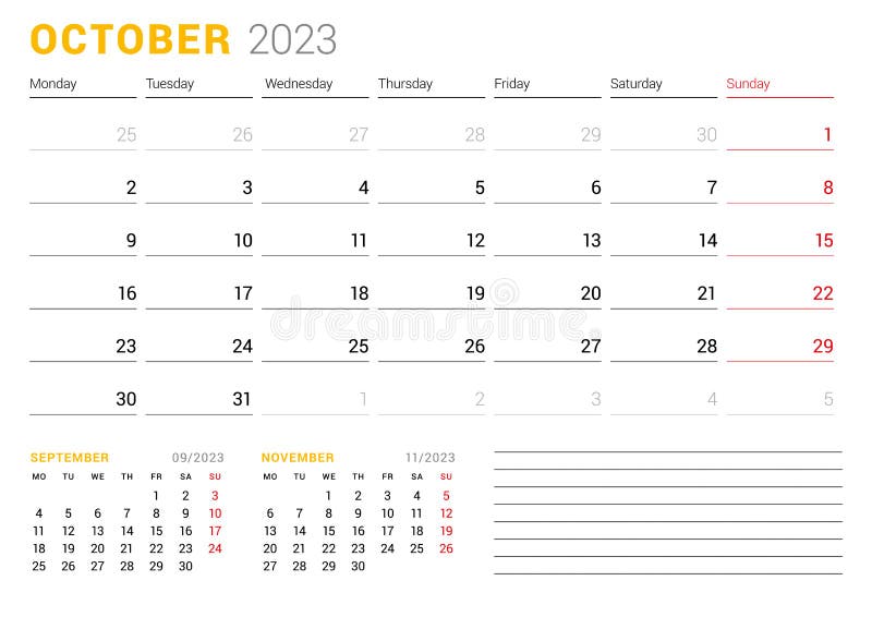 Calendar Template for October 2023. Business Monthly Planner