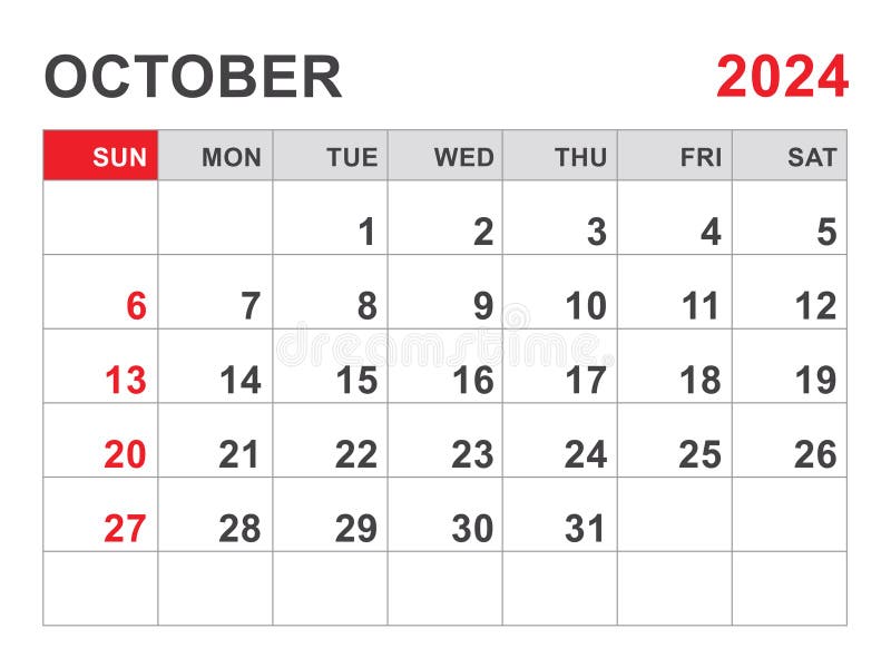 Calendar 2024 Template, October 2024 Layout, Printable Minimalist