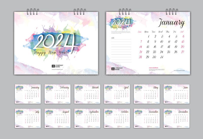 Calendar 2024 Template Set on Colorful Watercolor Background and Cover