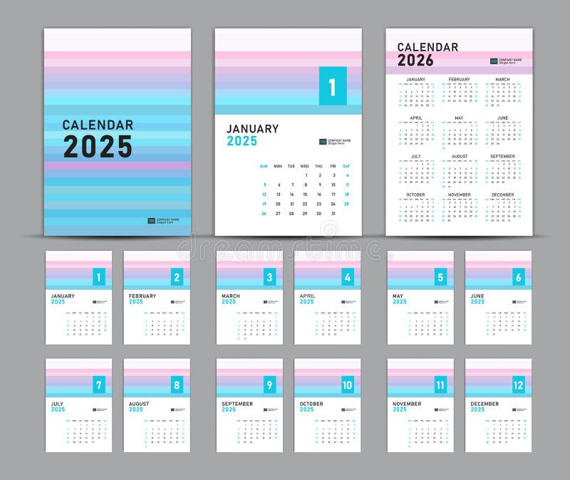 Calendar 2025, 2026, 2027, 2028 Years Set. Stock Vector Illustration