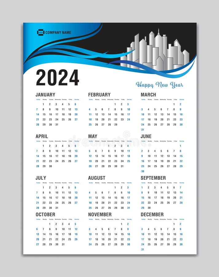 Calendar 2024 Template, Wall Calendar 2024 Vector, Desk Calendar 2024