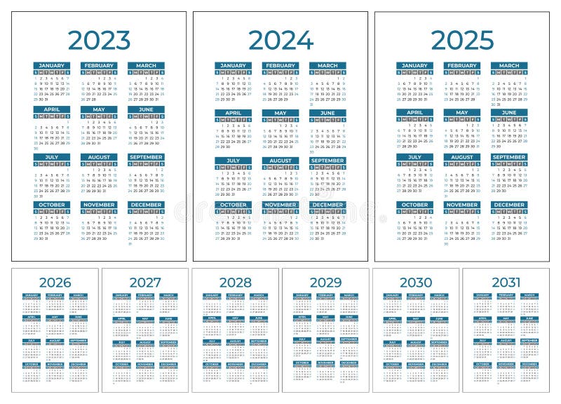 Calendar 2023 2024 2025 To 2031 Color Vector Pocket Calender Design