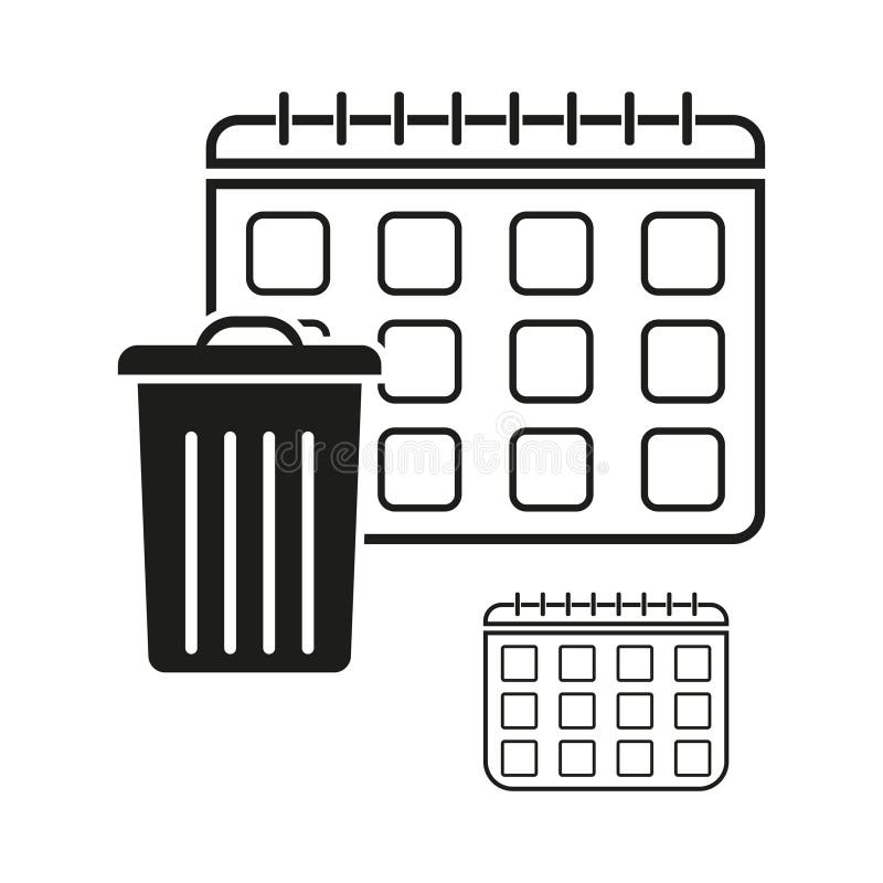 Calendar and trash can icon set. Scheduling and delete concept. Waste management symbol. Vector illustration. EPS 10 vector illustration
